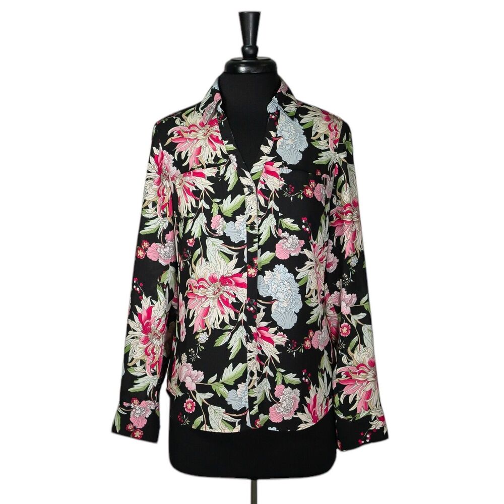 Express Women's Shirt Portofino Button Up Floral V-Neck Slim Fit Blouse Top S